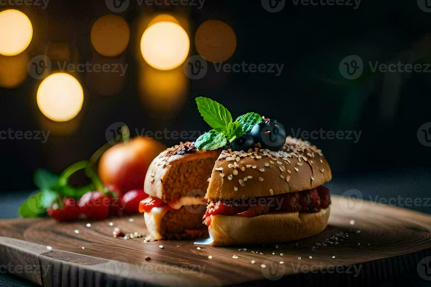 a hamburger with berries and mint on a wooden board. AI-Generated photo