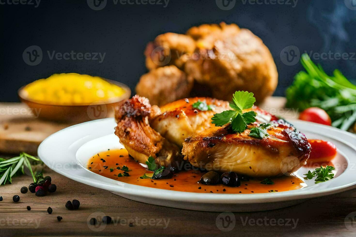 chicken breast with sauce and vegetables on a white plate. AI-Generated photo