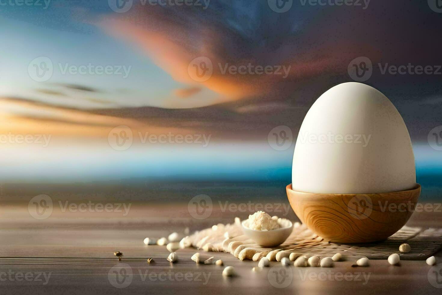 an egg in a wooden bowl with grains on the table. AI-Generated photo