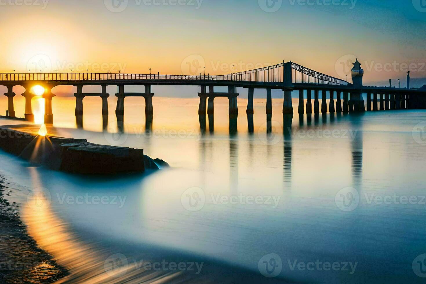 a long exposure photograph of a bridge at sunset. AI-Generated photo