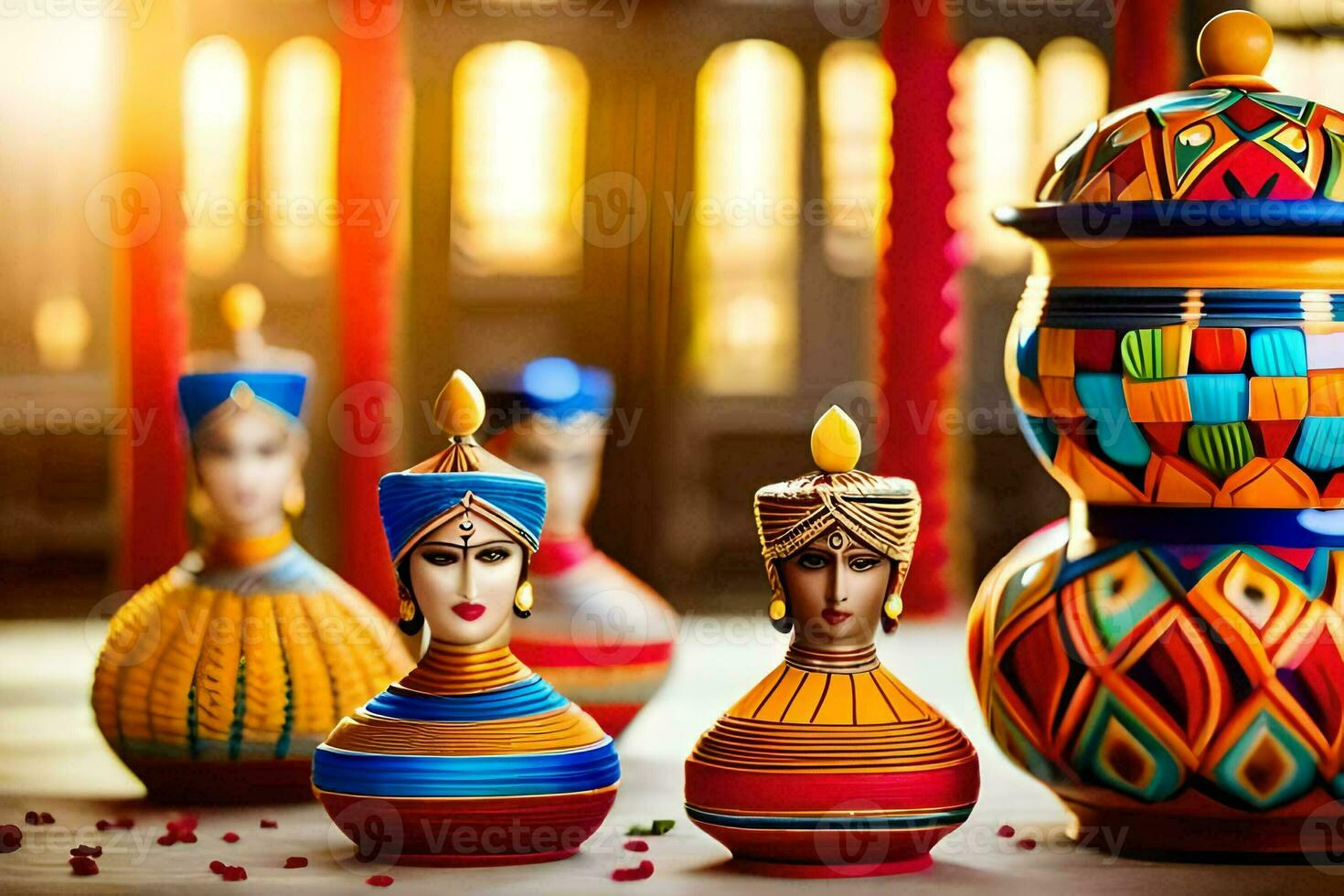 colorful pottery vases with painted faces. AI-Generated photo