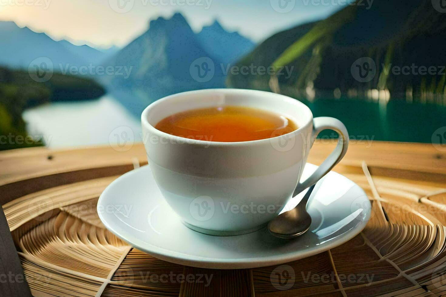 un taza de té en un de madera mesa con montañas en el antecedentes. generado por ai foto