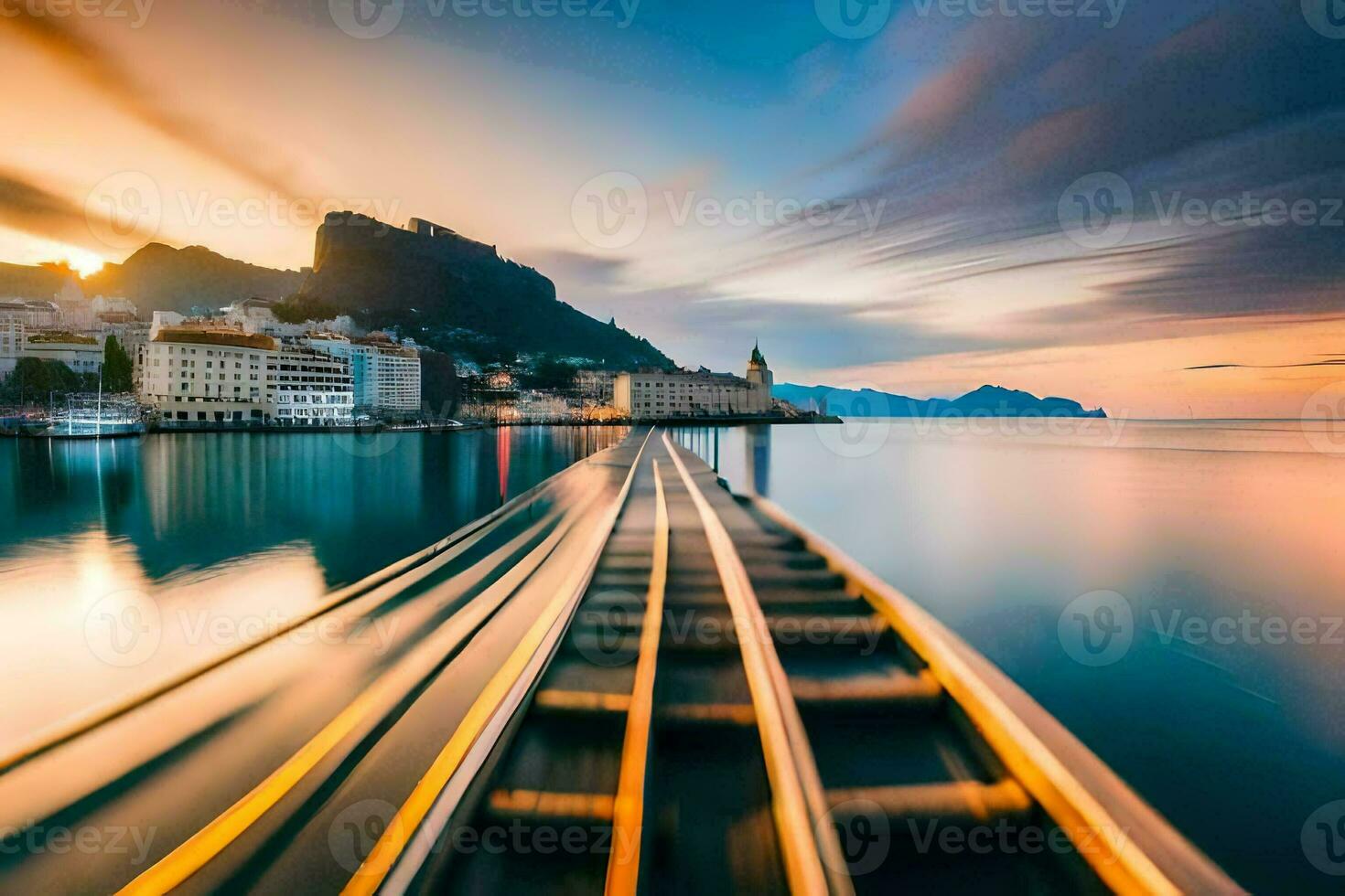 un tren yendo mediante el agua a puesta de sol. generado por ai foto