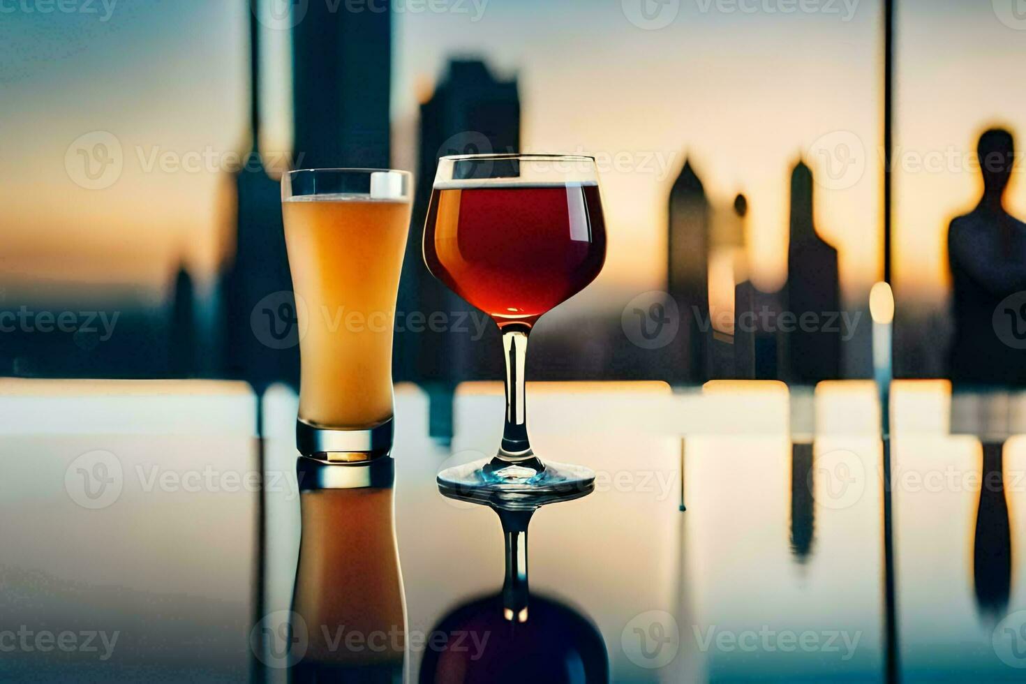 two glasses of beer on a table with a city in the background. AI-Generated photo