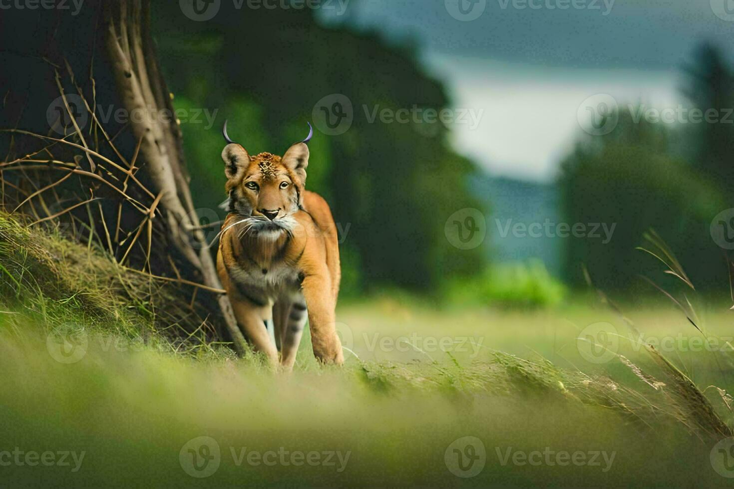 a lynx walking through the grass. AI-Generated photo