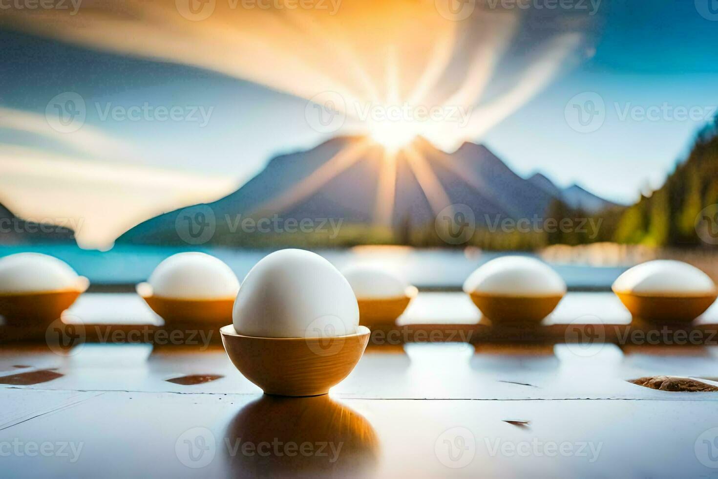 eggs in a row on a table with mountains in the background. AI-Generated photo