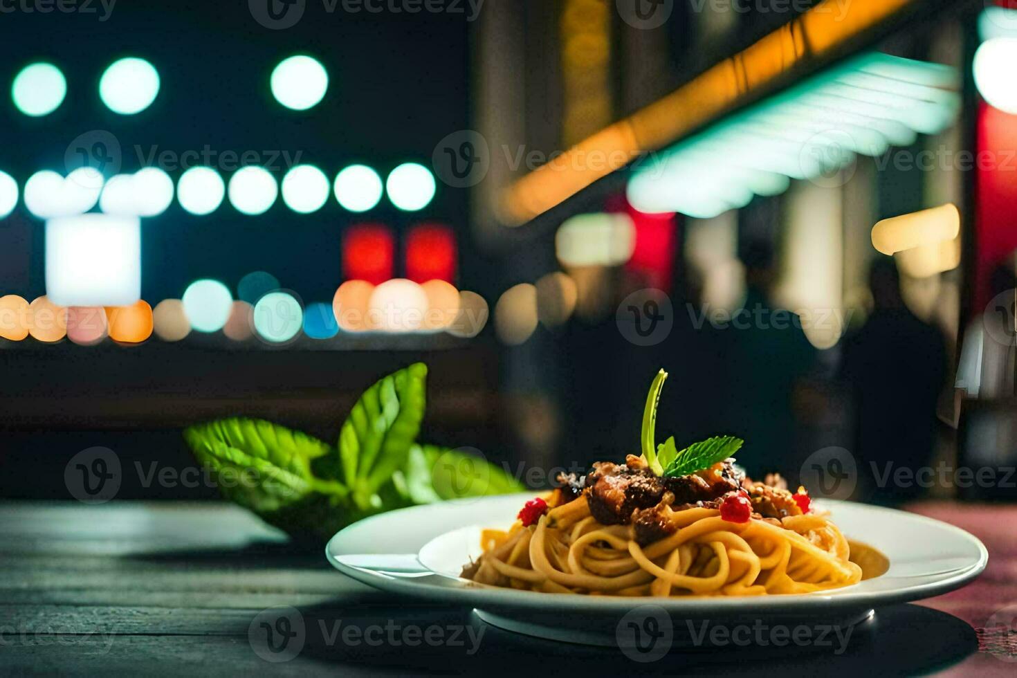 spaghetti with meat and vegetables on a plate. AI-Generated photo