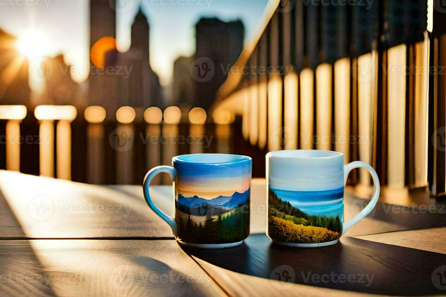 two coffee mugs with a view of the city skyline. AI-Generated photo
