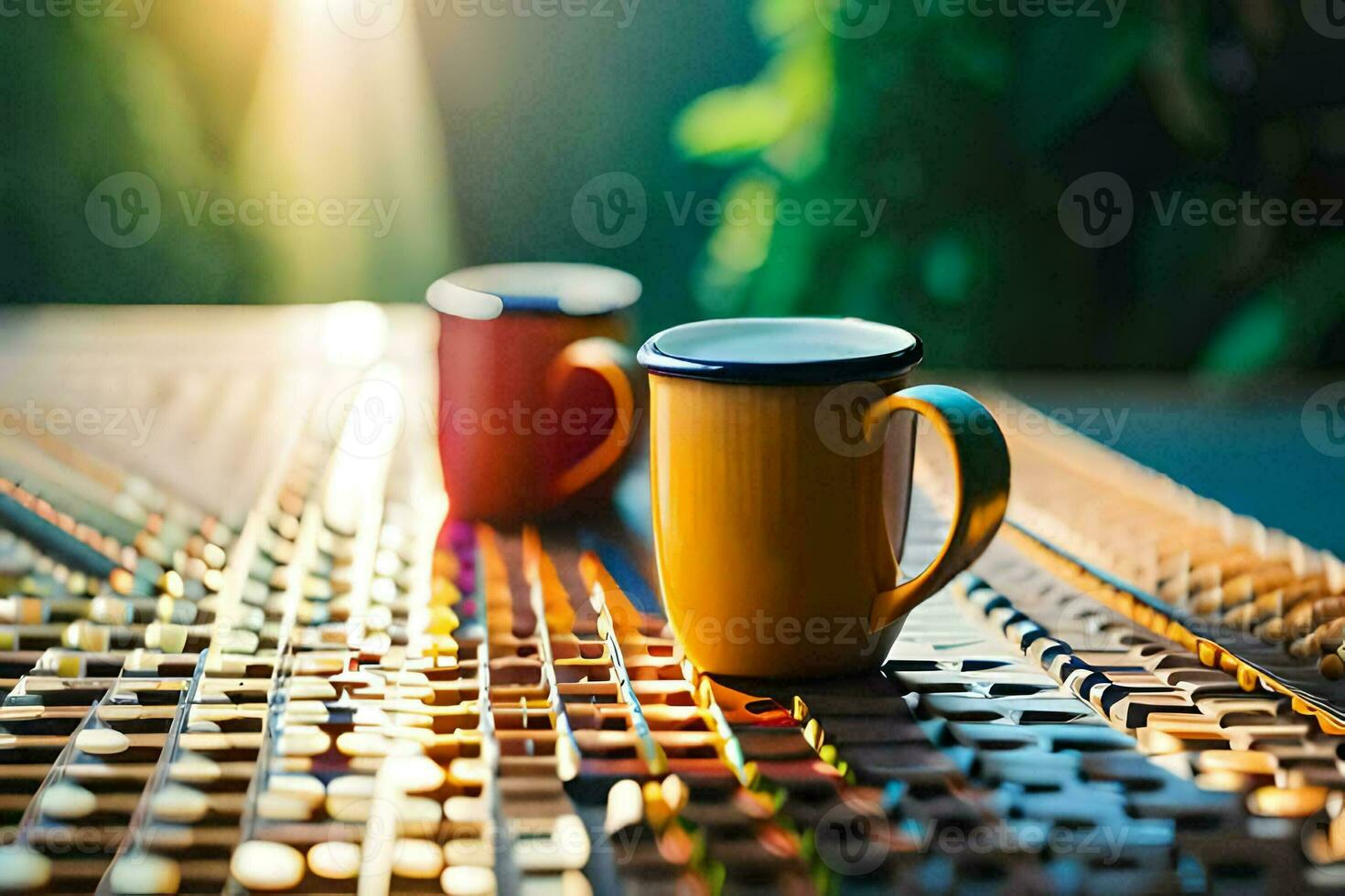 two coffee cups sit on a table in the sun. AI-Generated photo