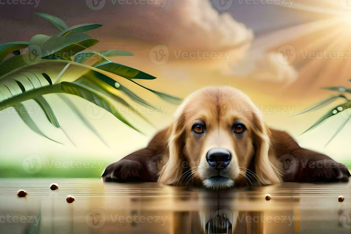 a dog laying in the water with leaves and palm trees. AI-Generated photo