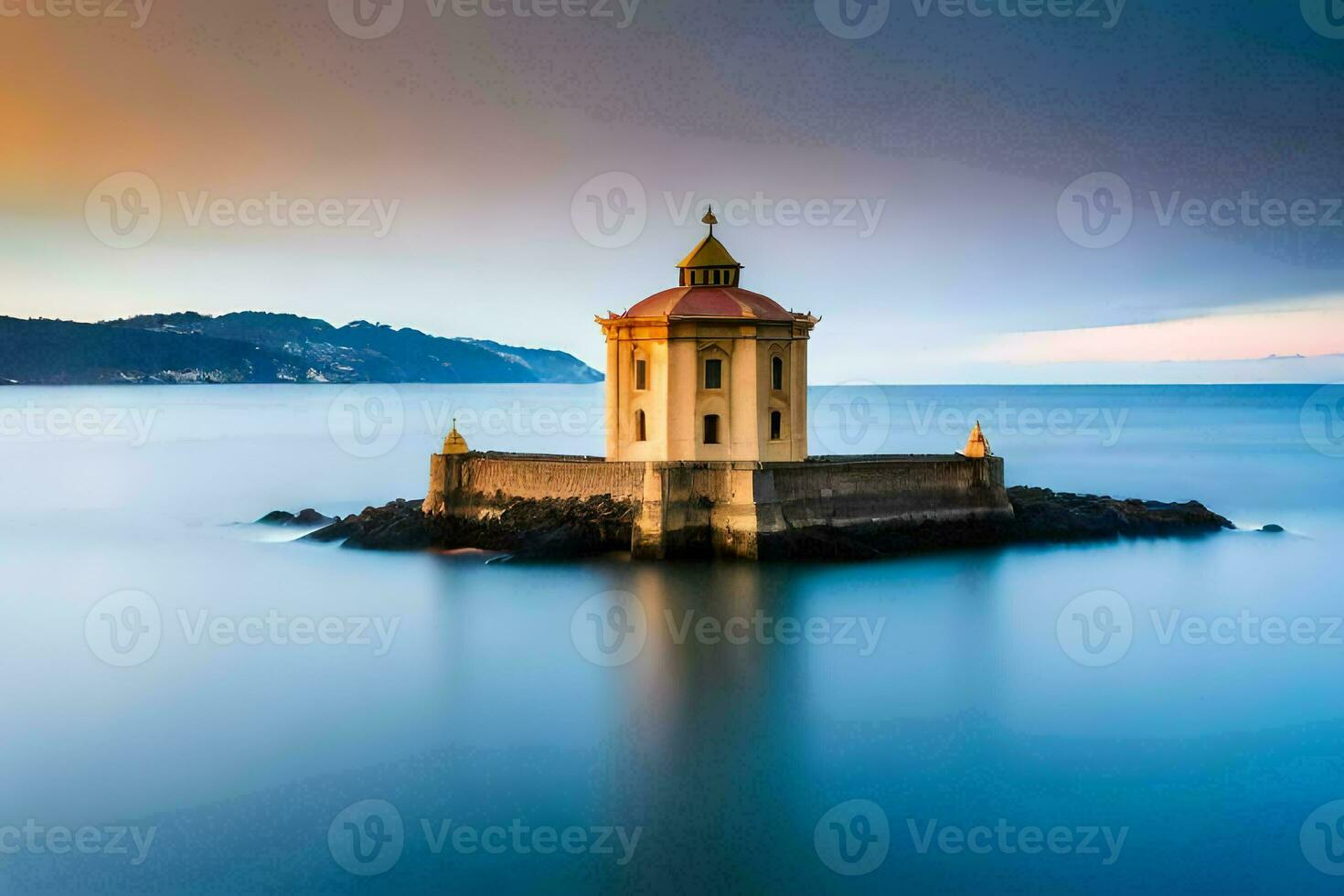 a lighthouse sits on an island in the ocean. AI-Generated photo