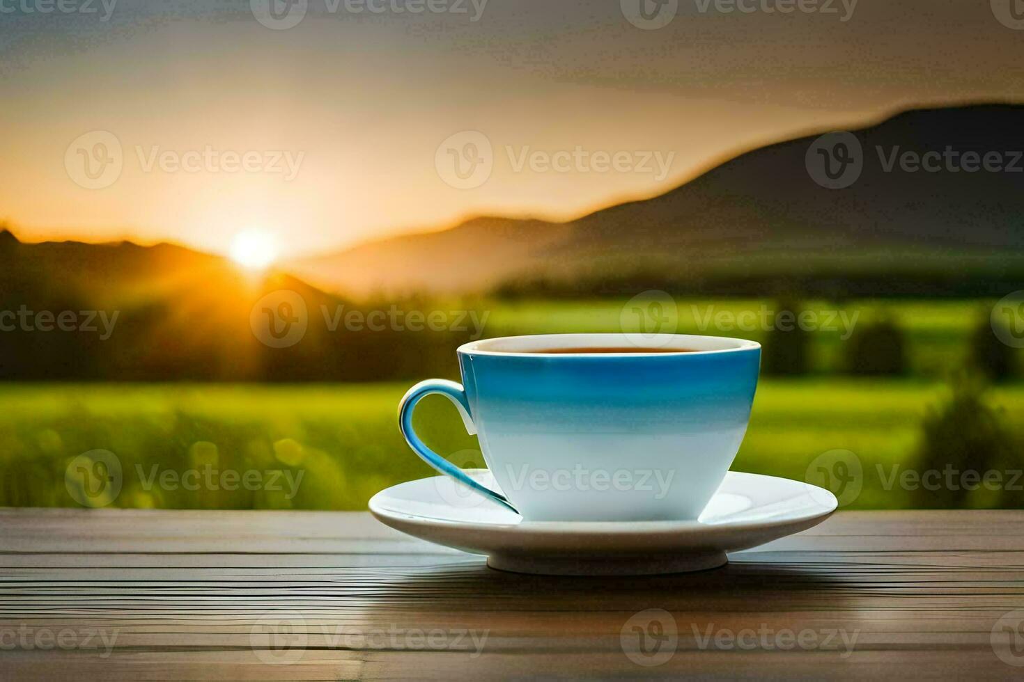 a cup of coffee on a wooden table in the mountains. AI-Generated photo