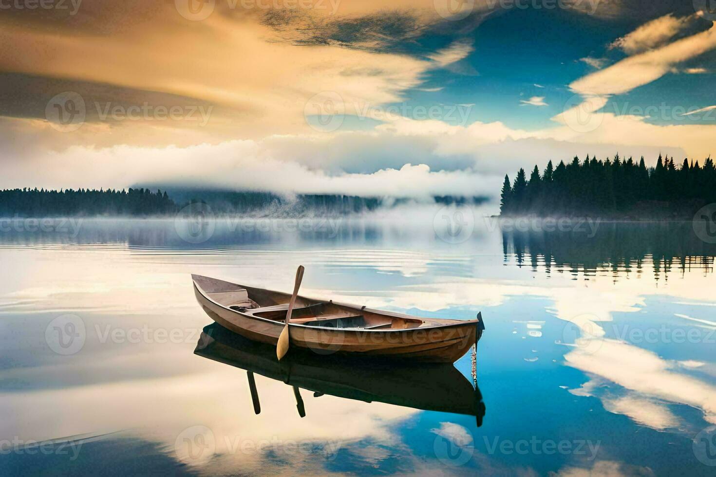 a boat on a lake with a foggy sky. AI-Generated photo