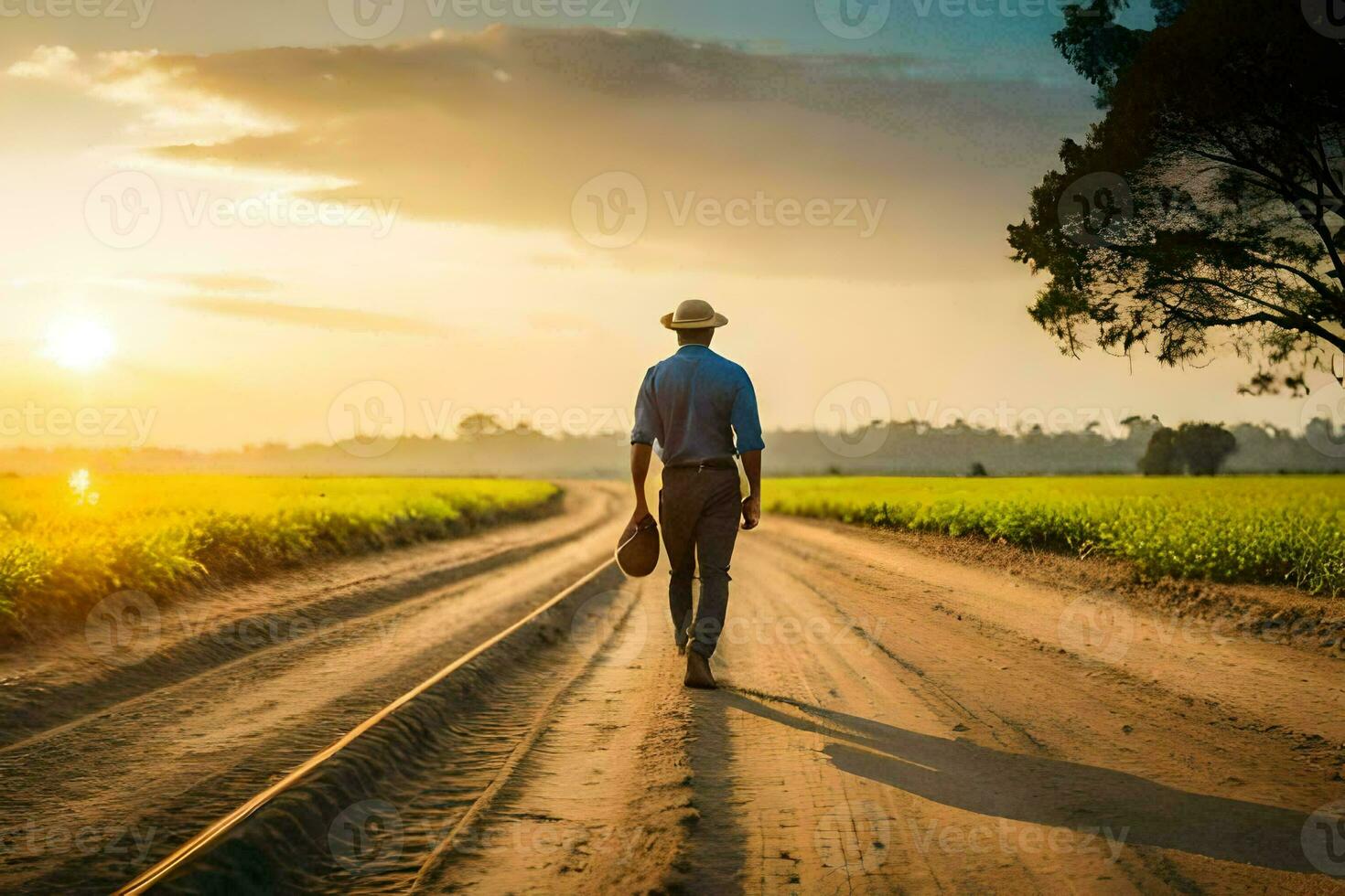 a man walking on a dirt road in the middle of a field. AI-Generated photo