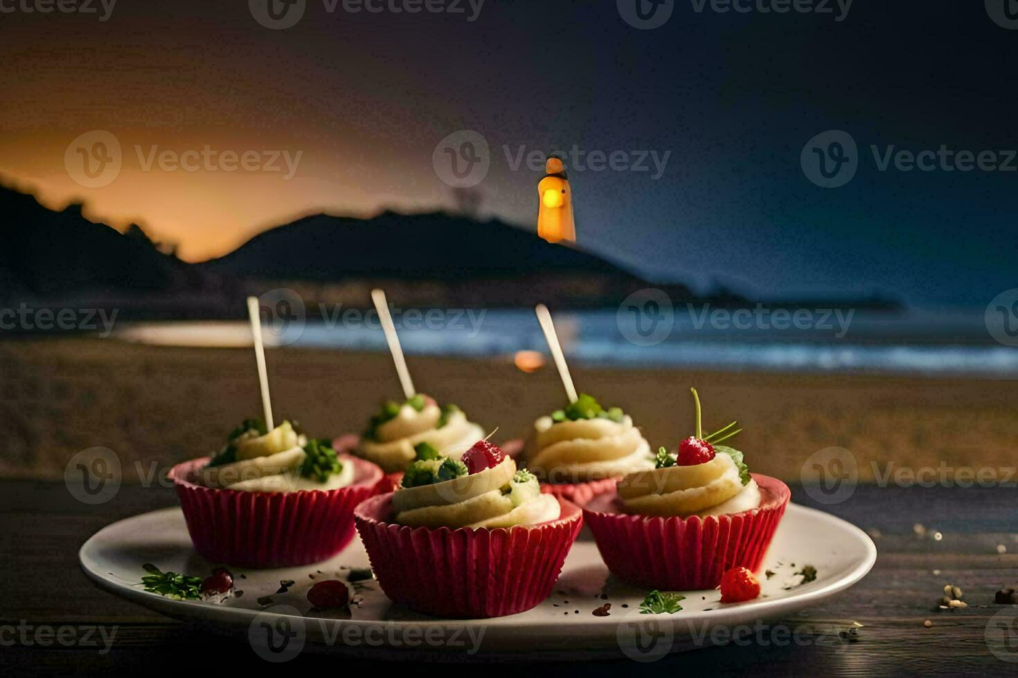 cupcakes on a plate with a lighthouse in the background. AI-Generated photo