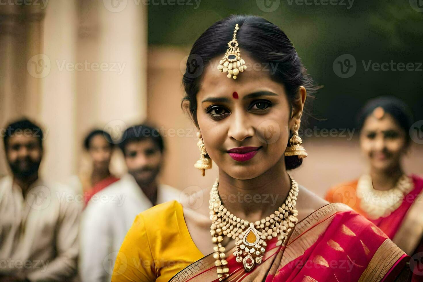 un mujer en un tradicional sari con su familia. generado por ai foto