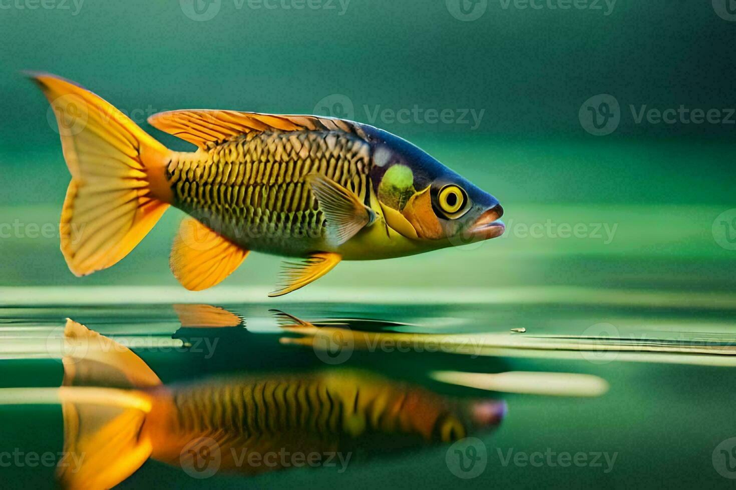a fish with yellow eyes and black fins is swimming in the water. AI-Generated photo