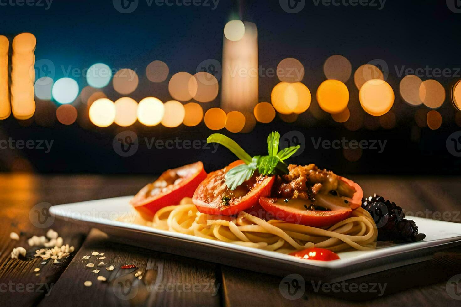 spaghetti with tomato and basil on a plate. AI-Generated photo