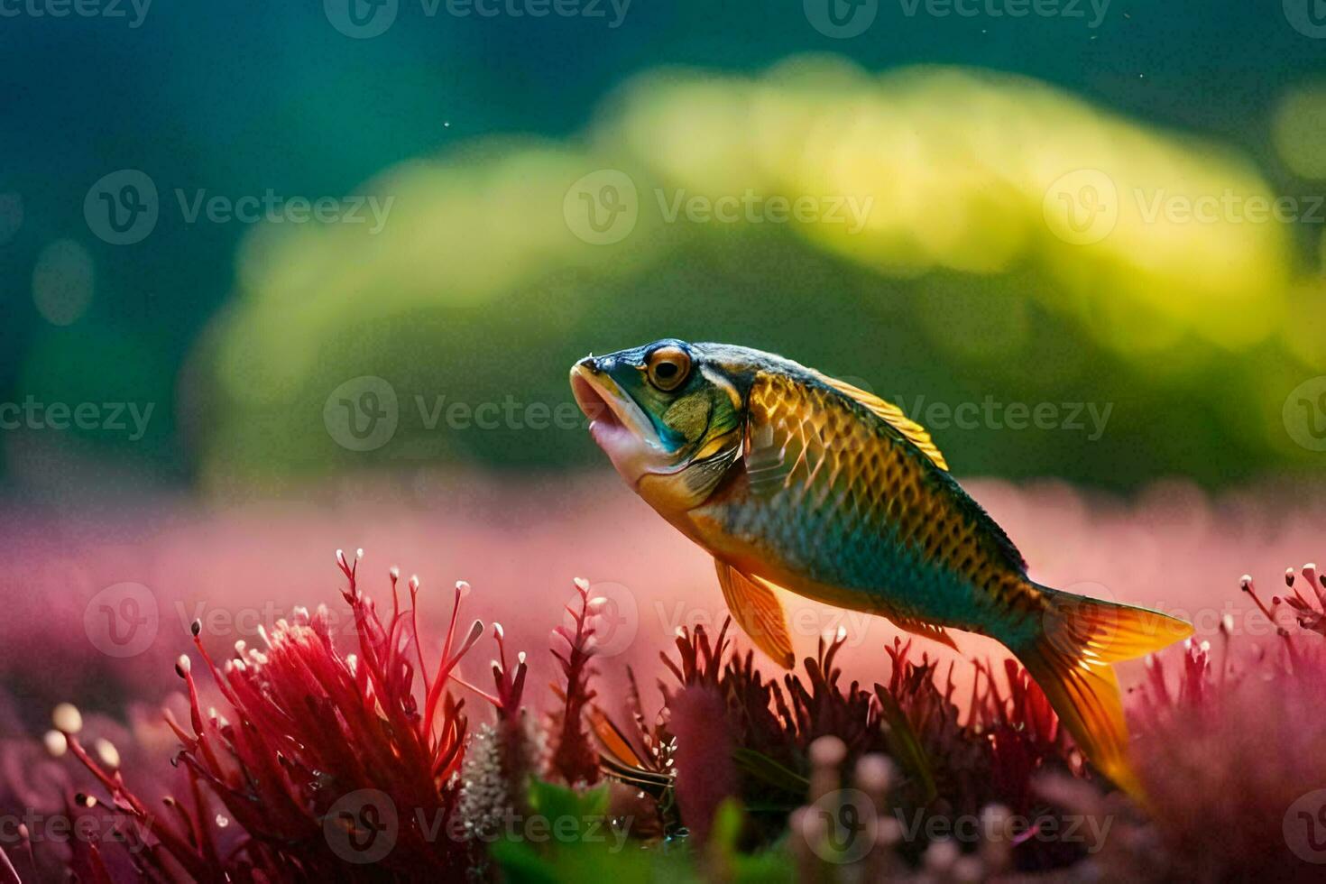a fish is standing on top of some plants. AI-Generated photo