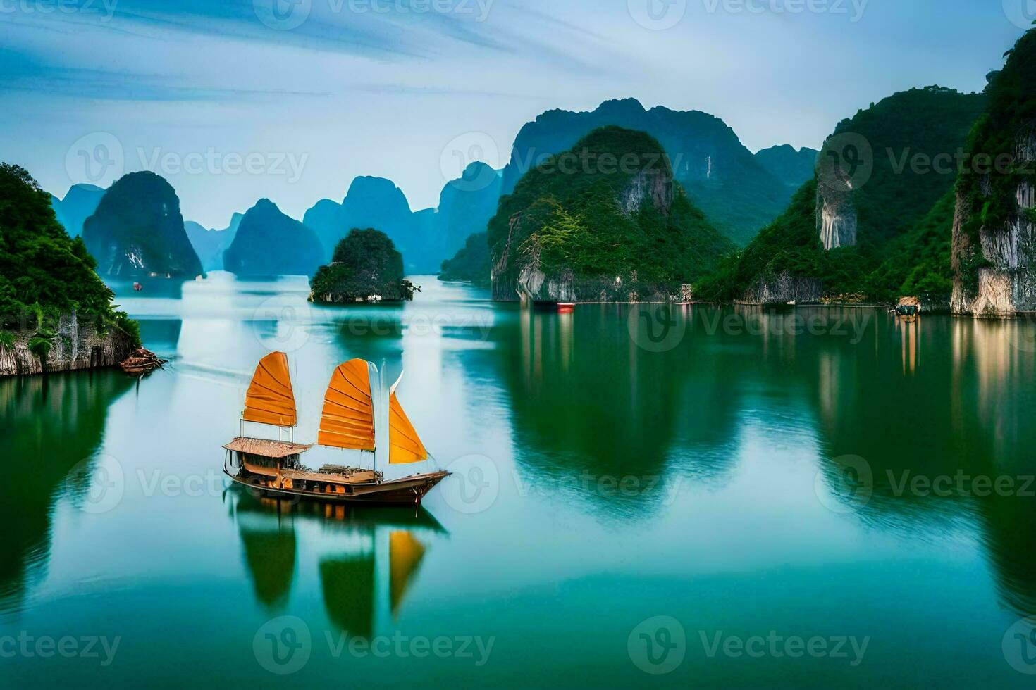 a boat in the water with mountains in the background. AI-Generated photo