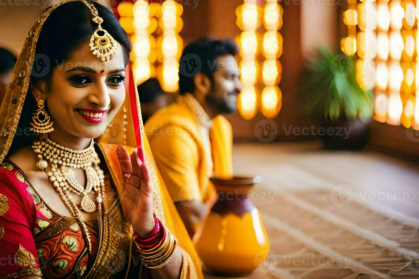 un hermosa novia en tradicional indio atuendo. generado por ai foto