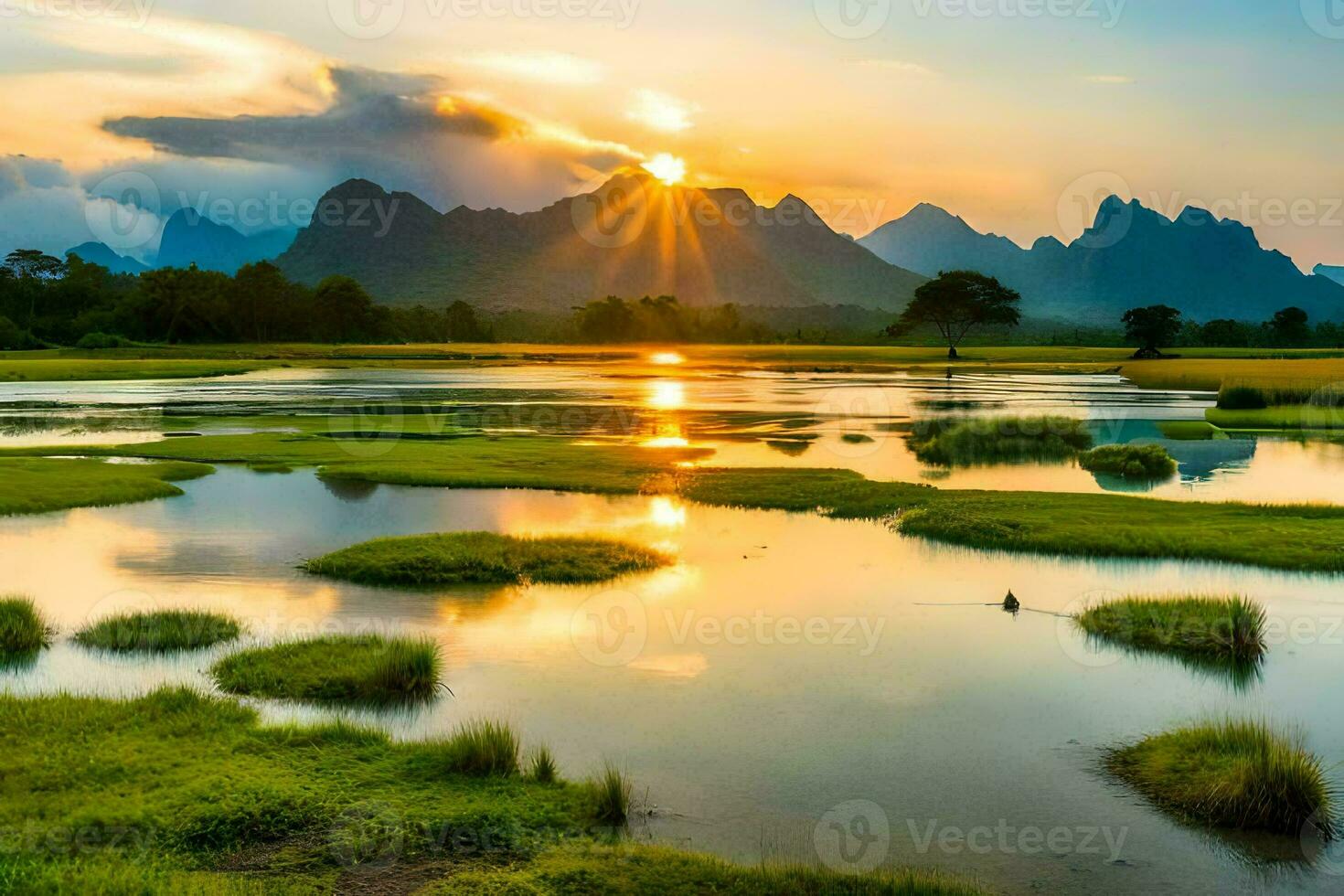 the sun rises over the mountains and the water in the middle of the river. AI-Generated photo