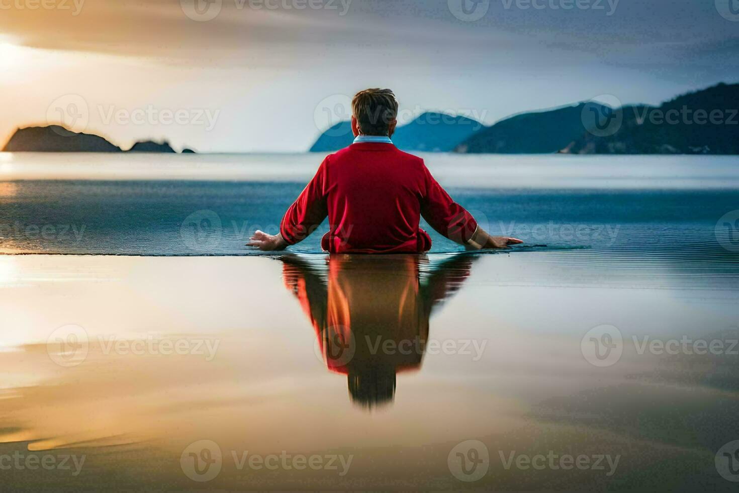 un hombre sentado en meditación en el playa a puesta de sol. generado por ai foto