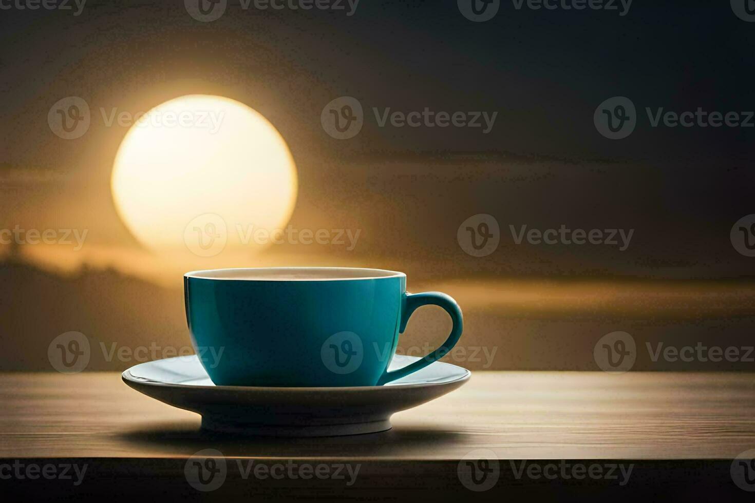 a blue cup sits on a table in front of a full moon. AI-Generated photo
