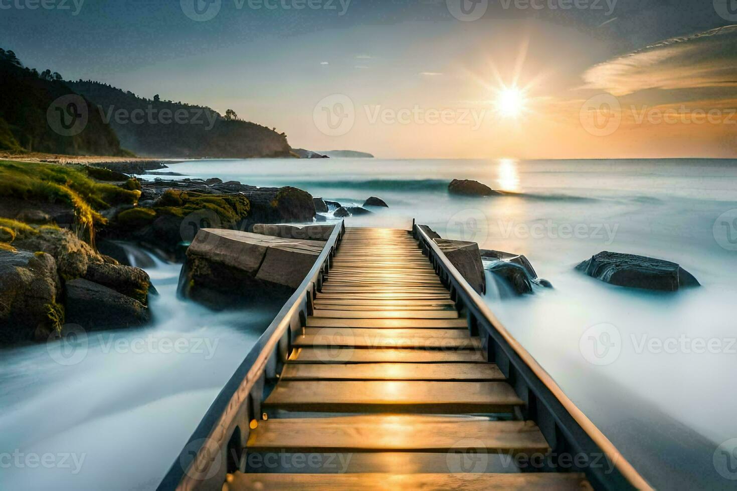 a wooden boardwalk leads to the ocean at sunset. AI-Generated photo