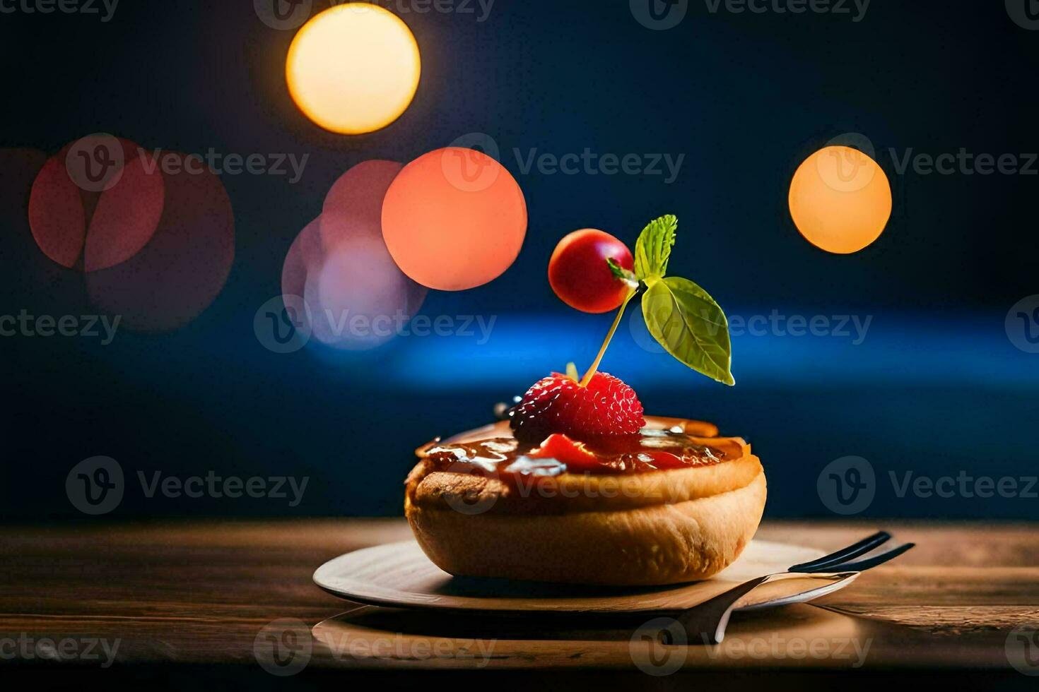 a pastry with berries on top on a wooden table. AI-Generated photo