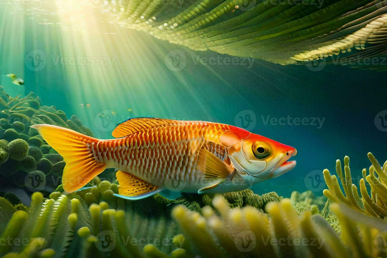 a fish swimming in the ocean with sunlight shining through the water. AI-Generated photo