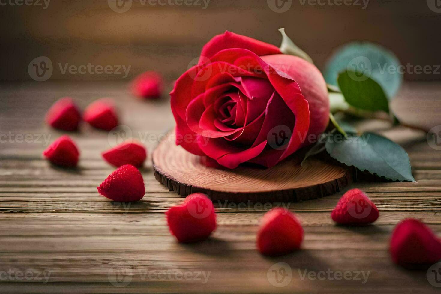 a single red rose is surrounded by red hearts on a wooden table. AI-Generated photo