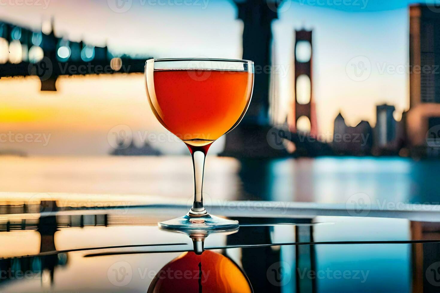 a glass of wine on a table in front of a bridge. AI-Generated photo