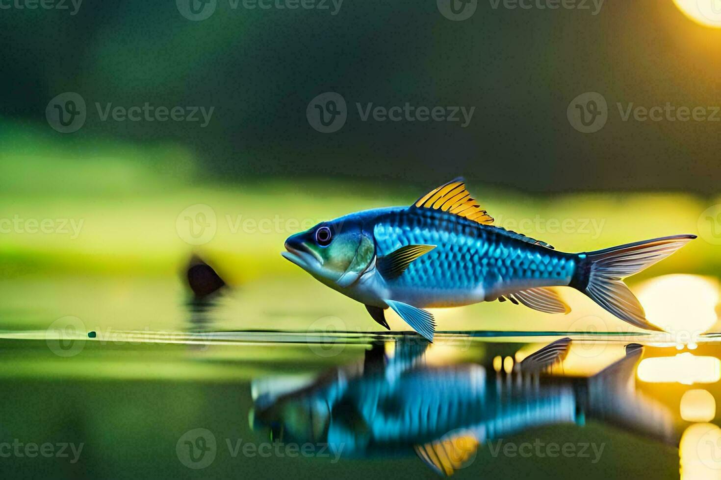 a fish is standing on the water with the sun in the background. AI-Generated photo