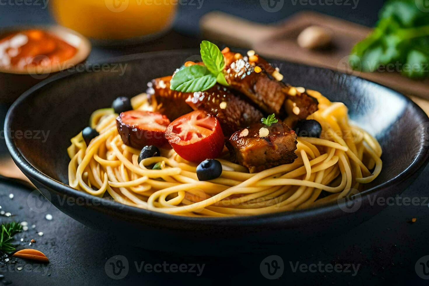 spaghetti with meat and tomatoes in a bowl. AI-Generated photo