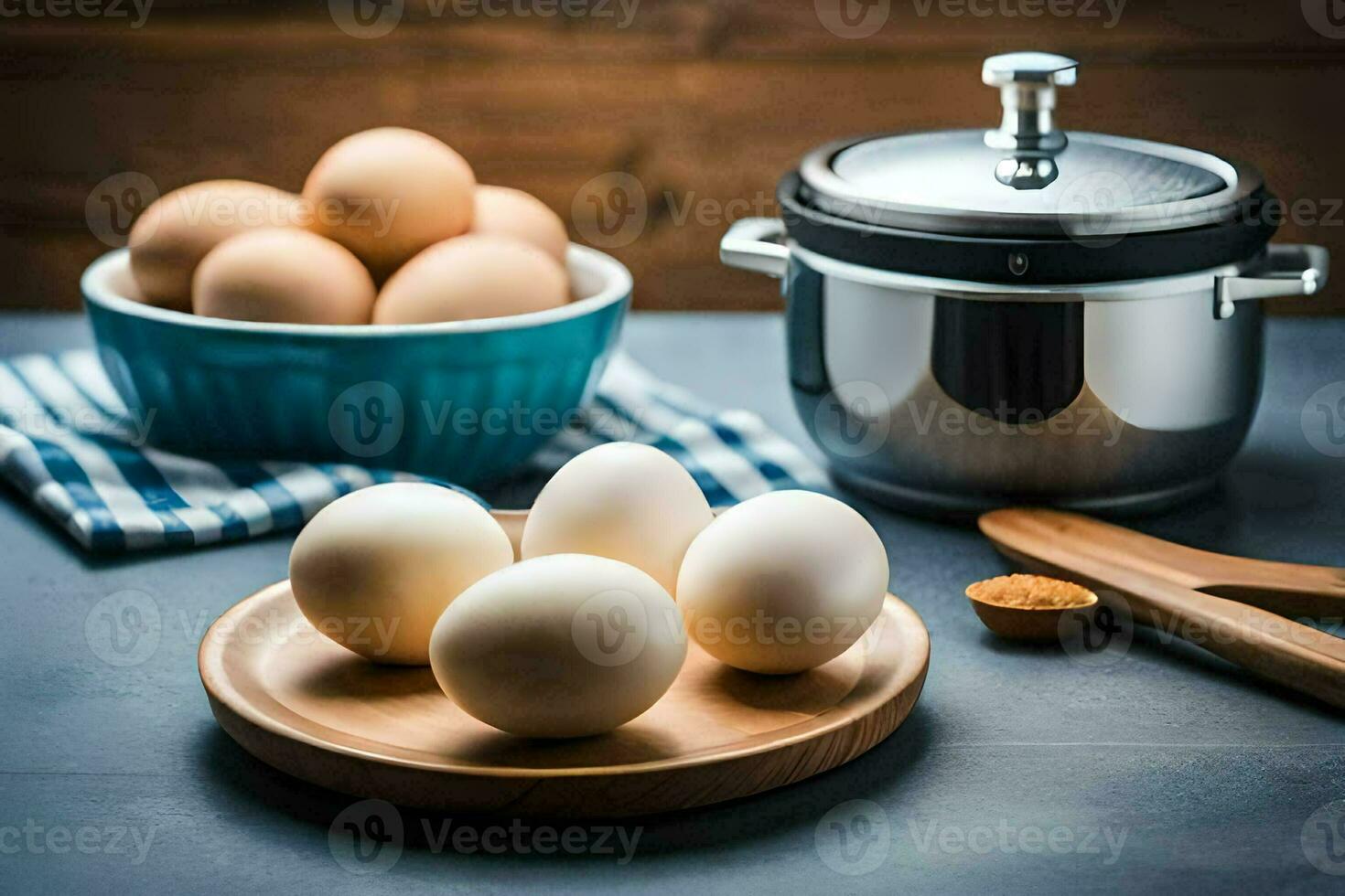 eggs on a wooden plate next to a pot and a bowl. AI-Generated photo
