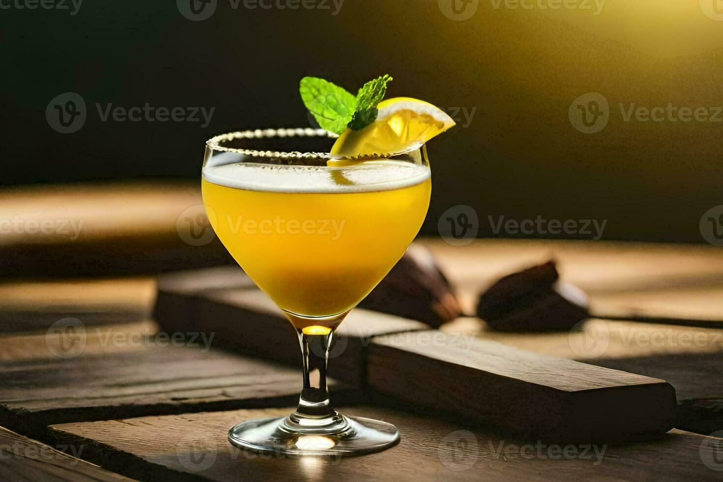 cocktail in a glass on a wooden table. AI-Generated photo