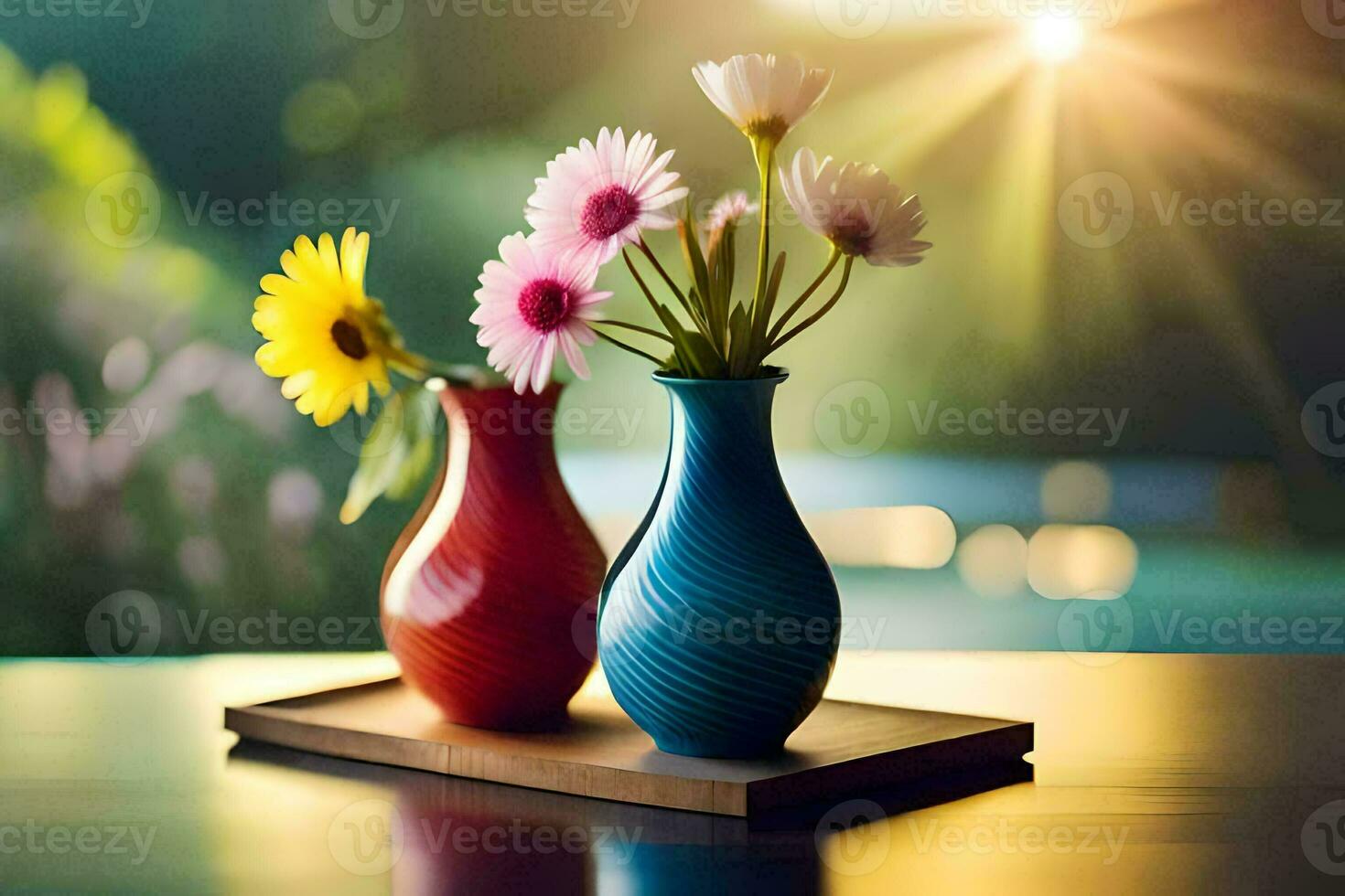 two colorful vases with flowers on a table. AI-Generated photo