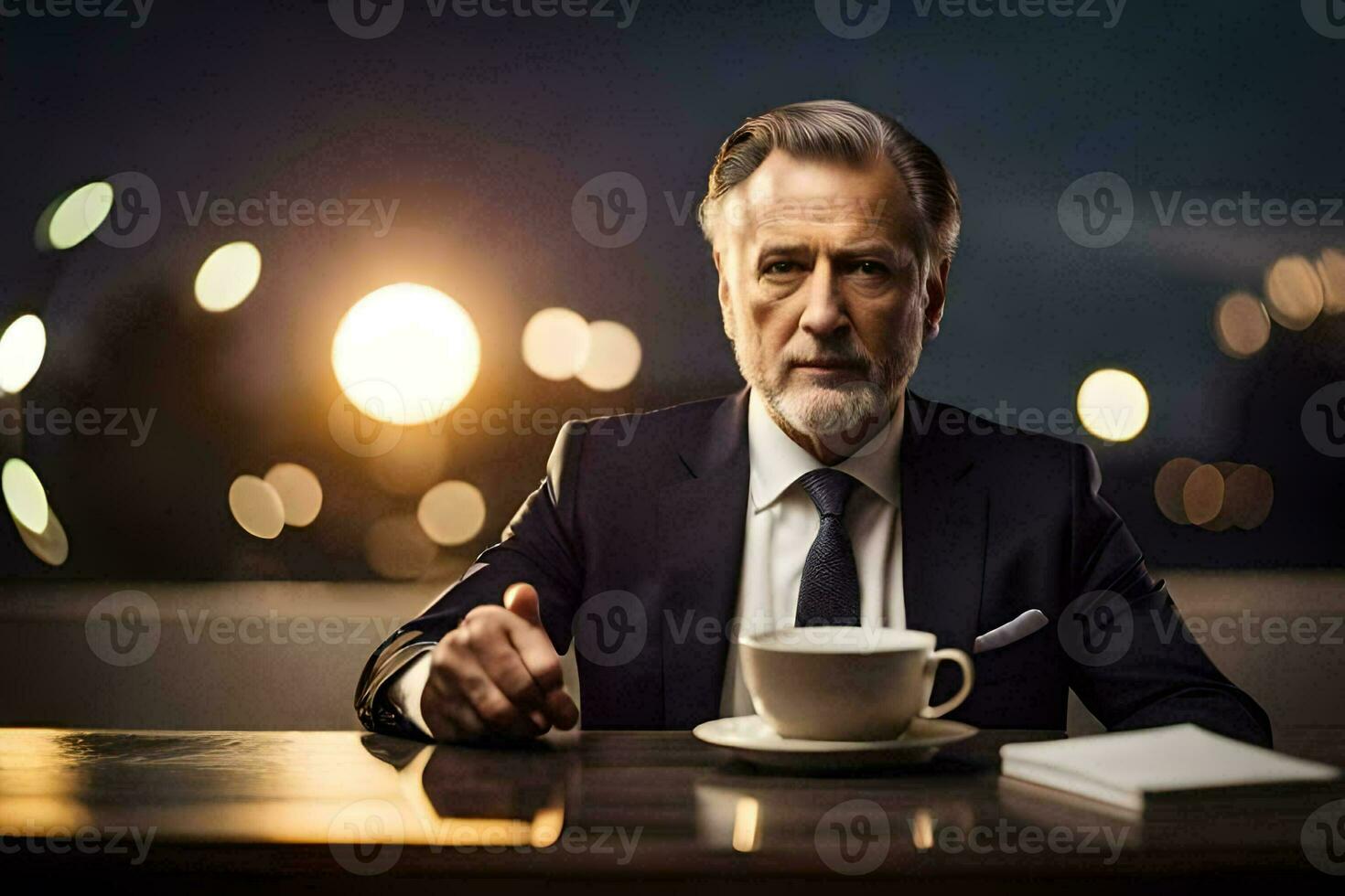 a man in a suit and tie sitting at a table with a cup of coffee. AI-Generated photo