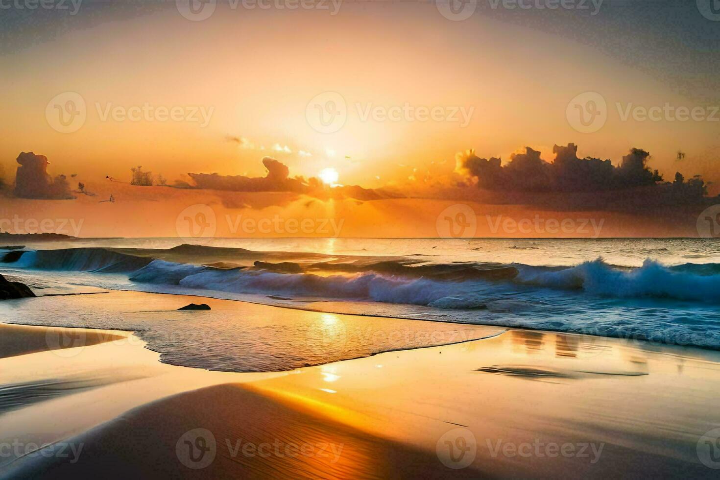 the sun rises over the ocean in this beautiful beach scene. AI-Generated photo