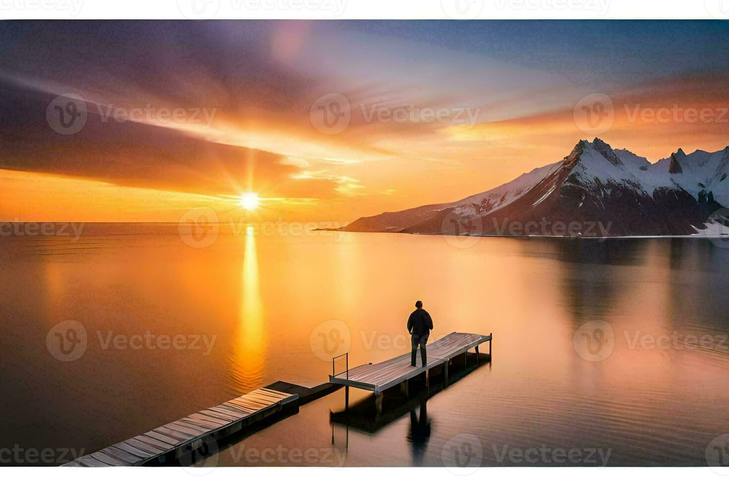 a man standing on a dock looking at the sun setting over the ocean. AI-Generated photo