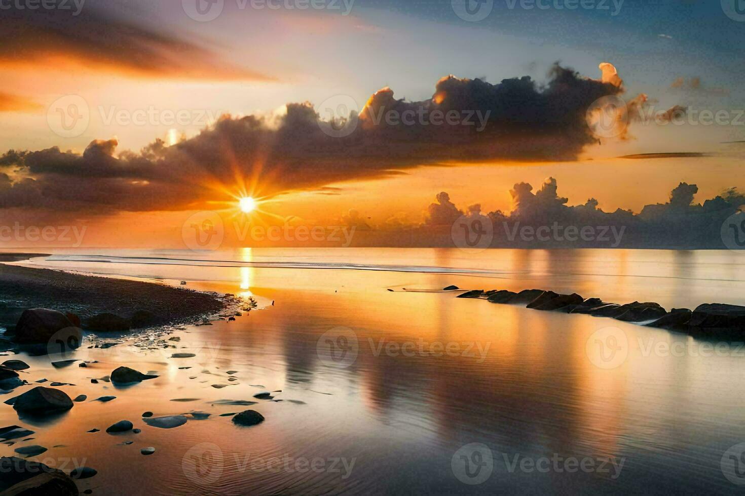 the sun rises over the ocean and rocks on the beach. AI-Generated photo