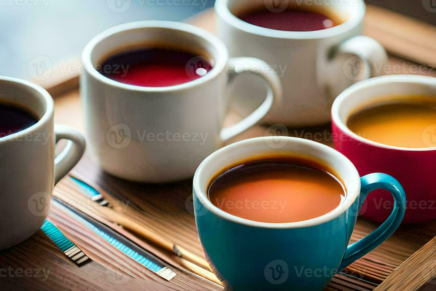 cinco diferente de colores tazas de café en un bandeja. generado por ai foto