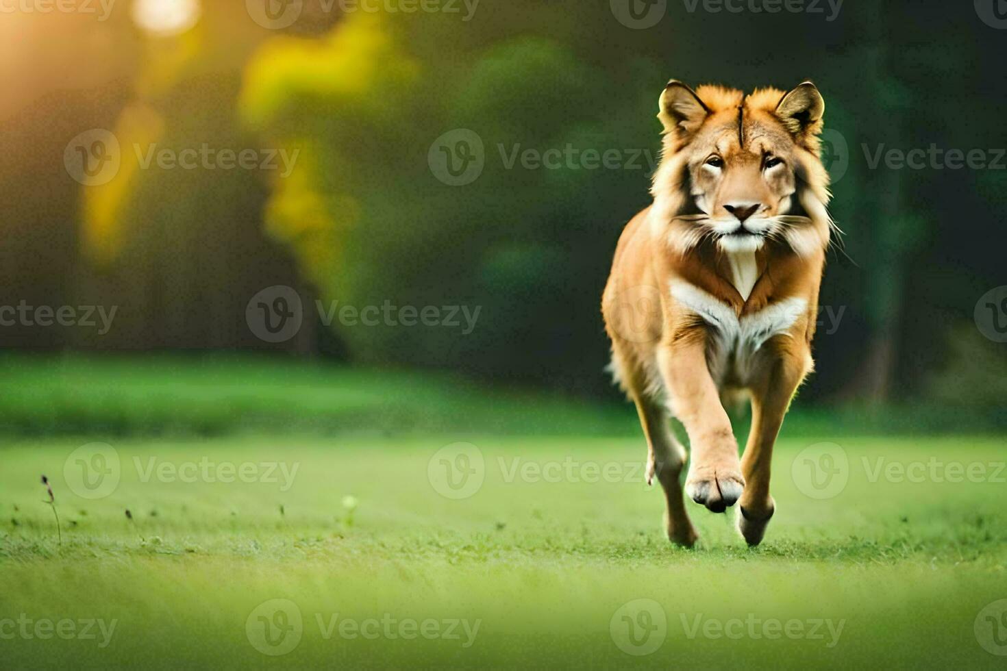 a lion running across a green field. AI-Generated photo