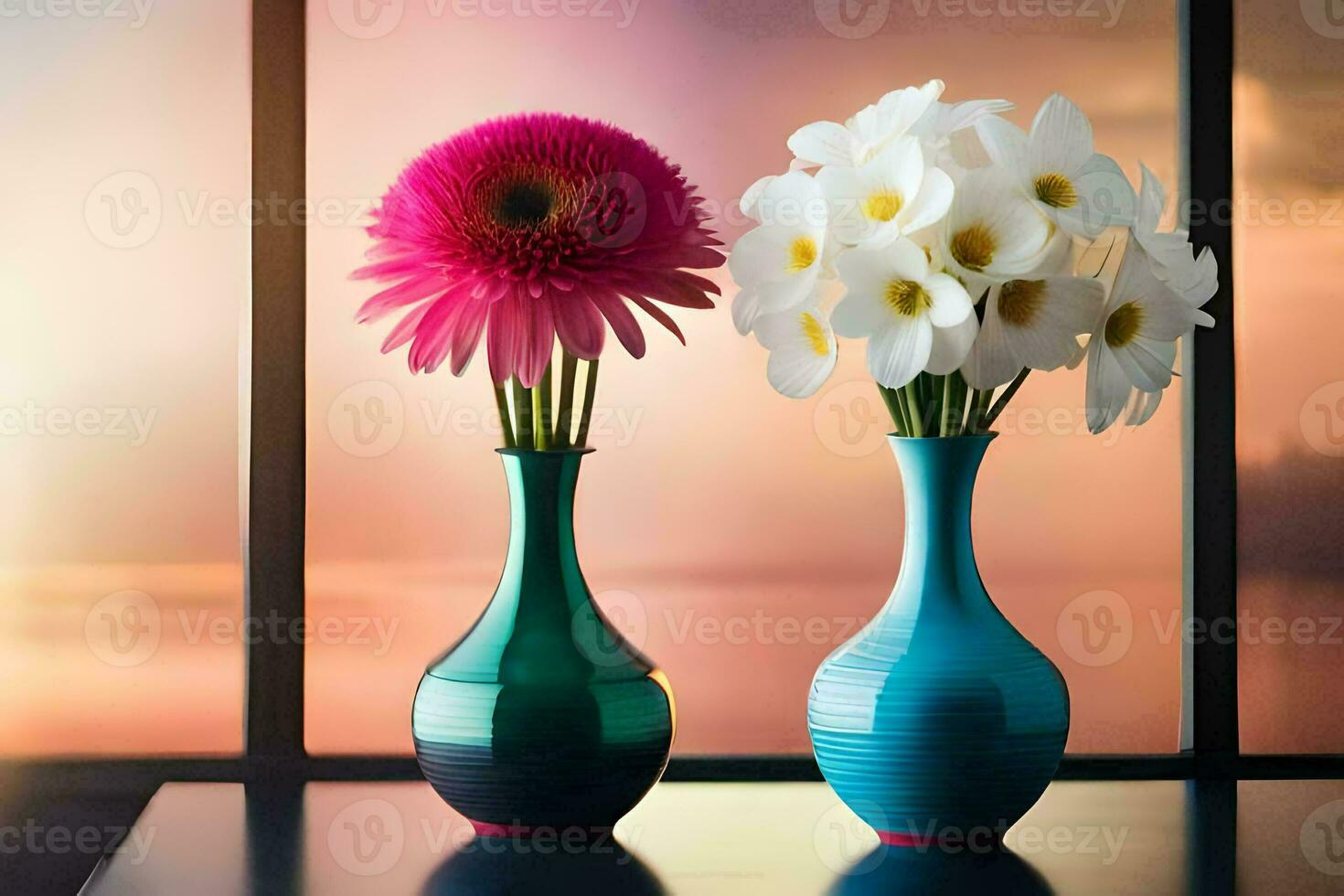 two vases with flowers sitting on a table. AI-Generated photo