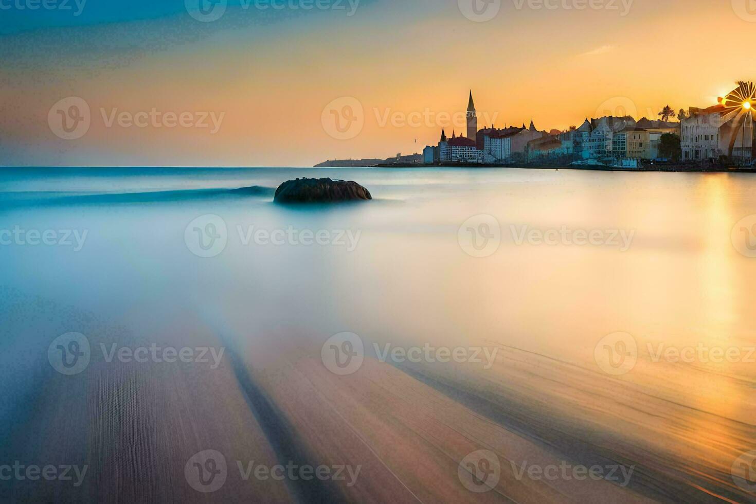 un largo exposición fotografía de un playa a puesta de sol. generado por ai foto