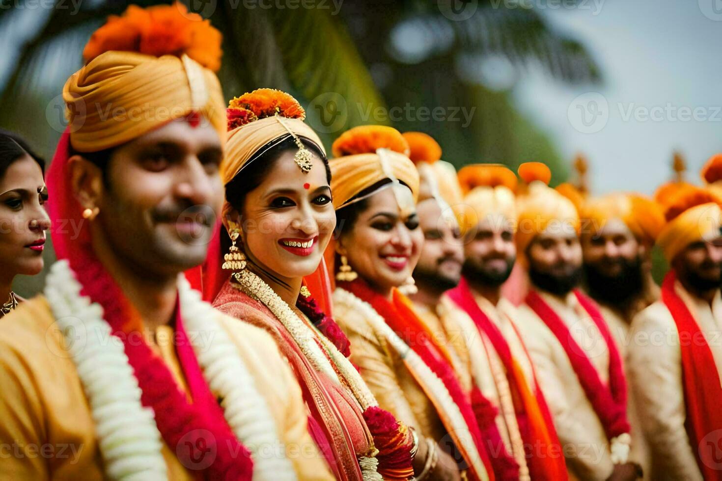 un grupo de indio Boda invitados en naranja y amarillo. generado por ai foto