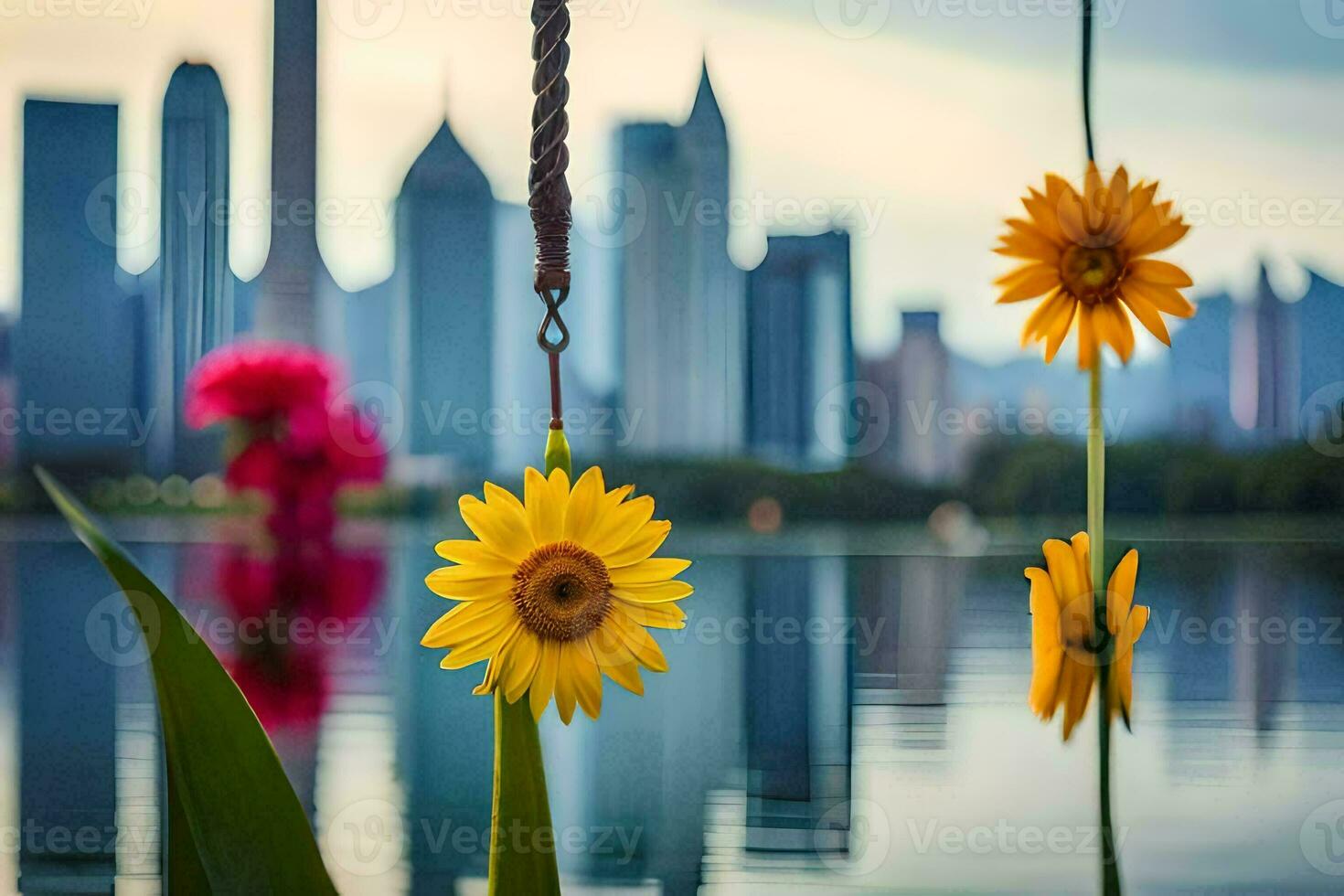 sunflowers hanging from a rope in front of a city skyline. AI-Generated photo