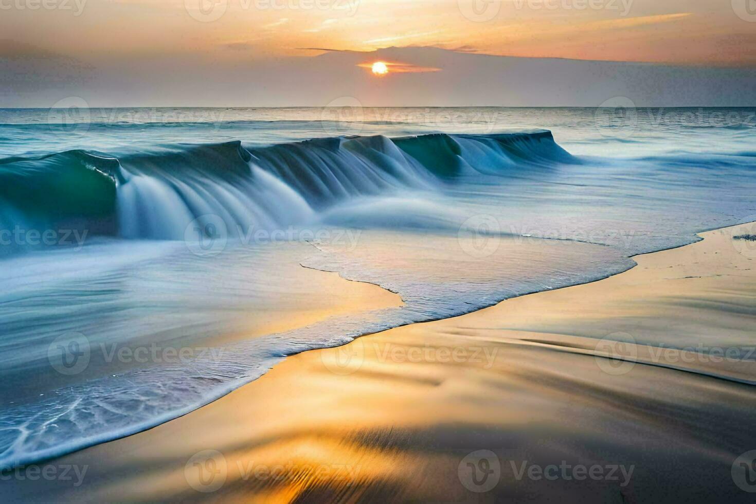 a beautiful sunset over the ocean with waves crashing into the shore. AI-Generated photo