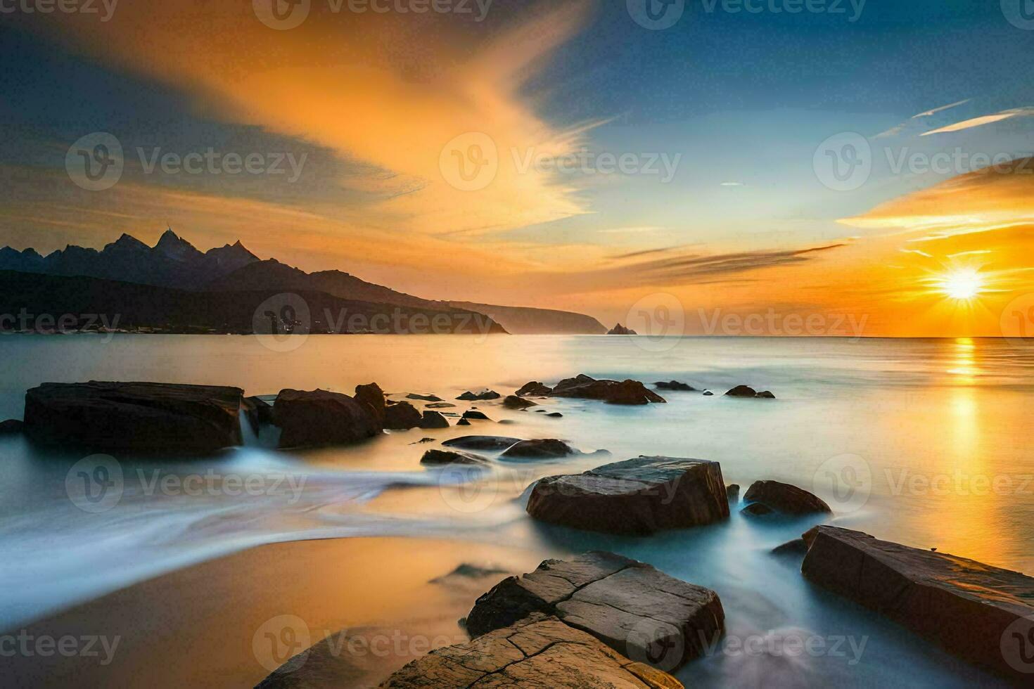 a beautiful sunset over the ocean with rocks and rocks. AI-Generated photo